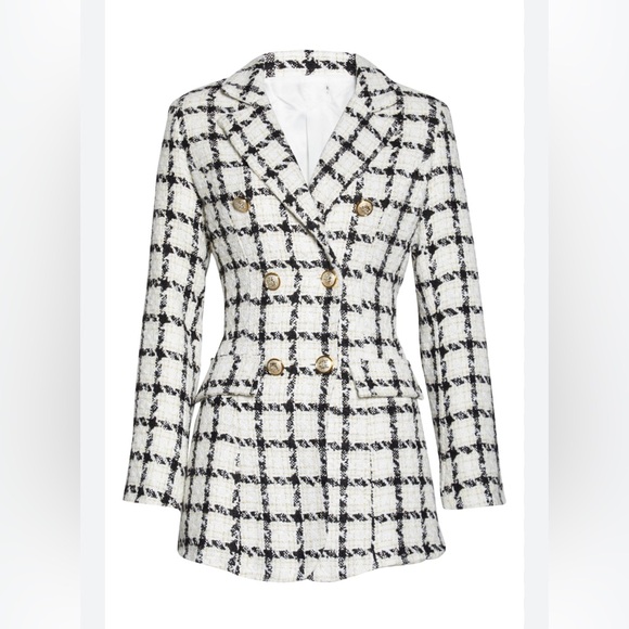 Luxe Tweed Double Breasted Lined Blazer Ivory/Black Gold Buttons - Picture 1 of 8